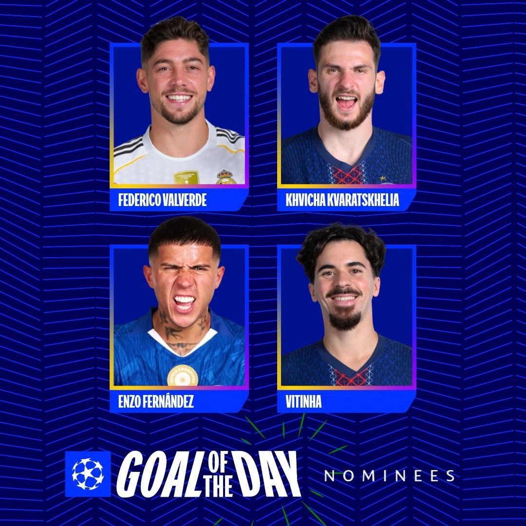 欧冠今日最佳进球候选：巴尔韦德、恩佐、维蒂尼亚、KK入围